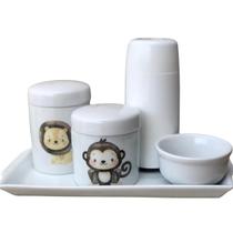 Kit higiene bebê Safari 5 peças - Bandeja, potes, garrafa térmica e molhadeira - Tudo Porcelana