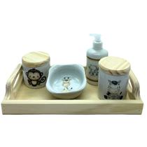 Kit higiene bebê Safari 5 peças - Bandeja, potes, porta álcool E Molhadeira - Peças Porcelana Bandeja e Tampas Pinus