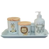 Kit higiene bebê Safari 5 peças - Bandeja, potes, porta álcool e molhadeira - Peças Porcelana Tampas Pinus