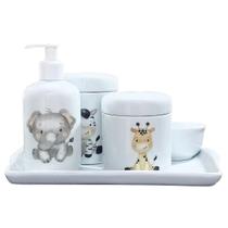 Kit higiene bebê Safari 5 peças - Bandeja, potes, porta álcool e molhadeira - Tudo Porcelana