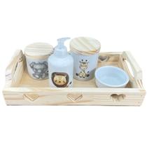 Kit higiene bebê Safari 5 peças Menino - Bandeja, potes, porta álcool e molhadeira - Peças Porcelana Bandeja e tampas Pi