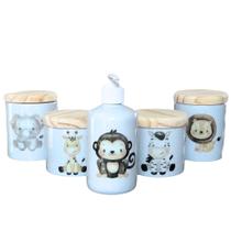 Kit Higiene Bebê Safari 5 Peças - Potes e Porta Álcool em Porcelana com Tampas de Pinus