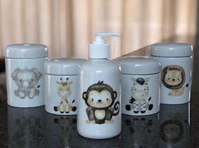 Kit higiene bebê Safari 5 peças - potes e porta álcool - Peças Porcelana