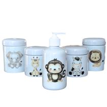 Kit higiene bebê Safari 5 peças - potes e porta álcool - Peças Porcelana