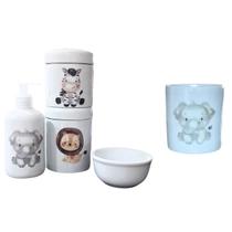 Kit higiene bebê Safari 5 peças - potes, porta álcool e molhadeira - Peças Porcelana