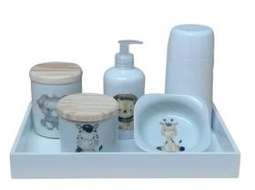 Kit higiene bebê Safari 6 peças - Bandeja, potes, porta álcool e molhadeira - Peças Porcelana Bandeja e Tampas Pinus