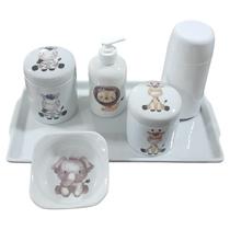 Kit higiene bebê Safari 6 peças - MENINA - bandeja, potes, porta álcool e molhadeira - Peças Porcelana
