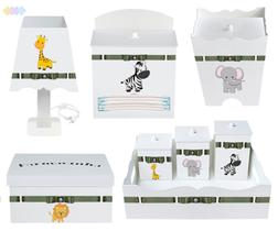 Kit Higiene Bebê Safári Branco em Madeira mdf com 8 peças Kit Higiene Bebê Safári Branco em Madeira mdf com 8 peças