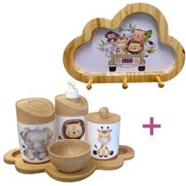 Kit Higiene Bebê Safari Leão, girafa e elefante + Cabideiro Infantil Nuvem