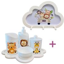 Kit Higiene Bebê Safari Leão, girafa e tigre + Cabideiro Infantil Nuvem