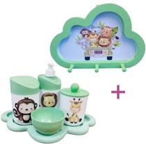 Kit Higiene Bebê Safari Leão, macaco e girafa + Cabideiro Infantil Nuvem