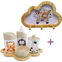 Kit Higiene Bebê Safari Macaco, zebra e tigre + Cabideiro Infantil Nuvem