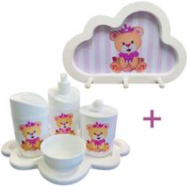 Kit Higiene Bebê Ursinha Princesa + Cabideiro Infantil Nuvem