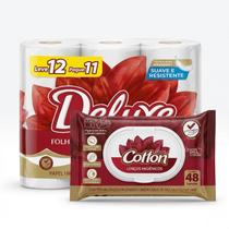 Kit Higiene Completa Papel Higiênico 12 Rolos Folha Dupla Lenço Umedecido 48un Maciez, Resistência e Cuidado Diário Kit Higiene Completa Papel Higiênico 12 Rolos Folha Dupla Lenço Umedecido 48un Maciez, Resistência e Cuidado Diário