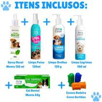 Kit Higiene Completo: Limpa Lágrimas + Ouvidos + Patas + Spray Bucal Menta + Gel Dental Menta + Escova Dedeira Pet Clean