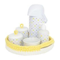 Kit Higiene Crochê Com 6 Peças e Garrafa Grande Amarelo Quarto Bebê Infantil