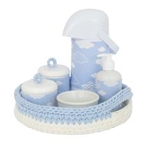 Kit Higiene Crochê Com 6 Peças e Garrafa Grande Azul Quarto Bebê Infantil