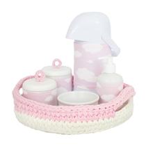 Kit Higiene Crochê Com 6 Peças e Garrafa Grande Nuvem Rosa Quarto Bebê Infantil
