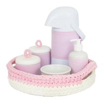 Kit Higiene Crochê Com 6 Peças e Garrafa Grande Rosa Quarto Bebê Infantil