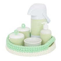 Kit Higiene Crochê Com 6 Peças e Garrafa Grande Verde Quarto Bebê Infantil - Potinho de Mel