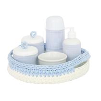 Kit Higiene Crochê Com 6 Peças e Garrafa Pequena Azul Quarto Bebê Infantil