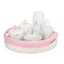 Kit Higiene Crochê Com 6 Peças e Garrafa Pequena Rosa Quarto Bebê Infantil - Potinho de Mel