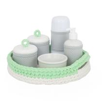 Kit Higiene Crochê Com 6 Peças e Garrafa Pequena Verde Quarto Bebê Infantil