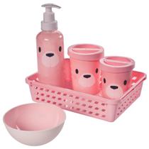 Kit higiene de bebe 5 peças ursinho + organizador + porta algodão + porta cotonete - azul rosa