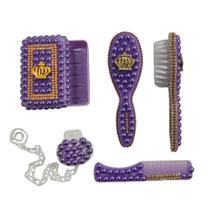 Kit higiene de bebê com Escova Pente Saboneteira prendedor de Chupeta com Pérolas - Várias cores