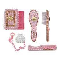 Kit higiene de bebê com Escova Pente Saboneteira prendedor de Chupeta com Pérolas - Várias cores