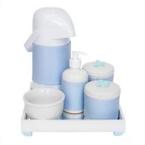 Kit Higiene Espelho Completo Porcelanas, Garrafa e Capa Flor de Liz Azul Quarto Bebê Menino
