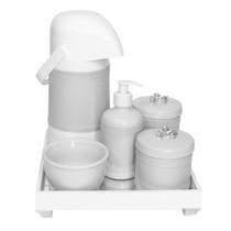 Kit Higiene Espelho Completo Porcelanas, Garrafa e Capa Flor de Liz Prata Quarto Bebê Unissex
