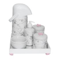 Kit Higiene Espelho Completo Porcelanas, Garrafa e Capa Flor de Liz Rosa Quarto Bebê Menina