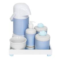 Kit Higiene Espelho Completo Porcelanas, Garrafa e Capa Nuvem Azul Quarto Bebê Menino