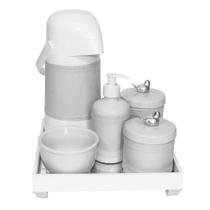 Kit Higiene Espelho Completo Porcelanas, Garrafa e Capa Passarinho Prata Quarto Bebê Unissex