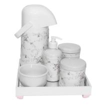 Kit Higiene Espelho Completo Porcelanas, Garrafa e Capa Rosa Quarto Bebê Menina