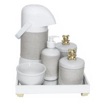 Kit Higiene Espelho Completo Porcelanas, Garrafa e Capa Ursinho Dourado Quarto Bebê Unissex