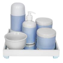 Kit Higiene Espelho Completo Porcelanas, Garrafa Pequena e Capa Azul Quarto Bebê Menino