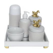 Kit Higiene Espelho Completo Porcelanas, Garrafa Pequena e Capa Cavalinho Dourado Bebê Unissex