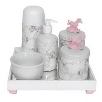 Kit Higiene Espelho Completo Porcelanas, Garrafa Pequena e Capa Cavalinho Rosa Quarto Bebê Menina