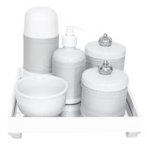 Kit Higiene Espelho Completo Porcelanas, Garrafa Pequena e Capa Coroa Prata Quarto Bebê Unissex