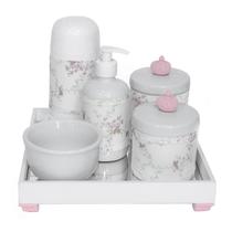 Kit Higiene Espelho Completo Porcelanas, Garrafa Pequena e Capa Coroa Rosa Quarto Bebê Menina