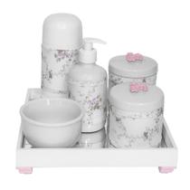 Kit Higiene Espelho Completo Porcelanas, Garrafa Pequena e Capa Flor de Liz Rosa Quarto Bebê Menina - Potinho de Mel