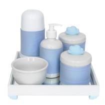 Kit Higiene Espelho Completo Porcelanas, Garrafa Pequena e Capa Nuvem Azul Quarto Bebê Menino