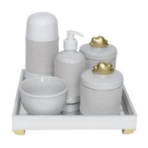 Kit Higiene Espelho Completo Porcelanas, Garrafa Pequena e Capa Nuvem Dourado Quarto Bebê Unissex