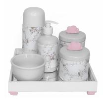 Kit Higiene Espelho Completo Porcelanas, Garrafa Pequena e Capa Nuvem Rosa Quarto Bebê Menina