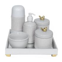 Kit Higiene Espelho Completo Porcelanas, Garrafa Pequena e Capa Passarinho Dourado Bebê Unissex