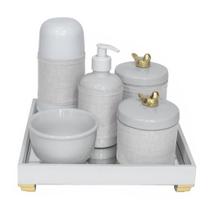 Kit Higiene Espelho Completo Porcelanas, Garrafa Pequena e Capa Passarinho Dourado Quarto Bebê Uniss
