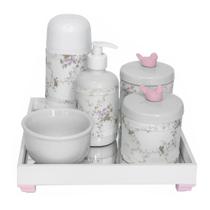 Kit Higiene Espelho Completo Porcelanas, Garrafa Pequena e Capa Passarinho Rosa Quarto Bebê Menina