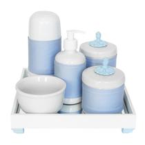 Kit Higiene Espelho Completo Porcelanas, Garrafa Pequena e Capa Provençal Azul Quarto Bebê Menino